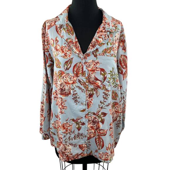 Soft Surroundings Blue Pink Floral Button-Up Sleep Shirt Cotton Blend Ruffle L - Picture 1 of 5